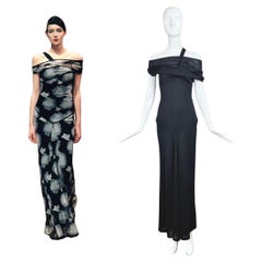 HERVE LEGER 1998 Vintage Runway Evening Gown Maxi Dress Black Off Shoulder