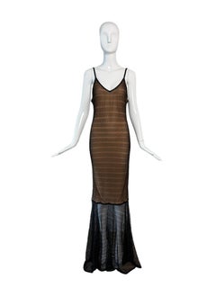 HERVE LEGER 90's Vintage Negro + Tan Maxi Vestido Largo Pointelle Vestido de Noche