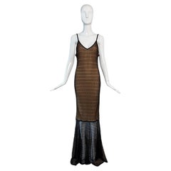 HERVE LEGER 90
s Vintage Black + Tan Pointelle Long Maxi Dress Evening Gown