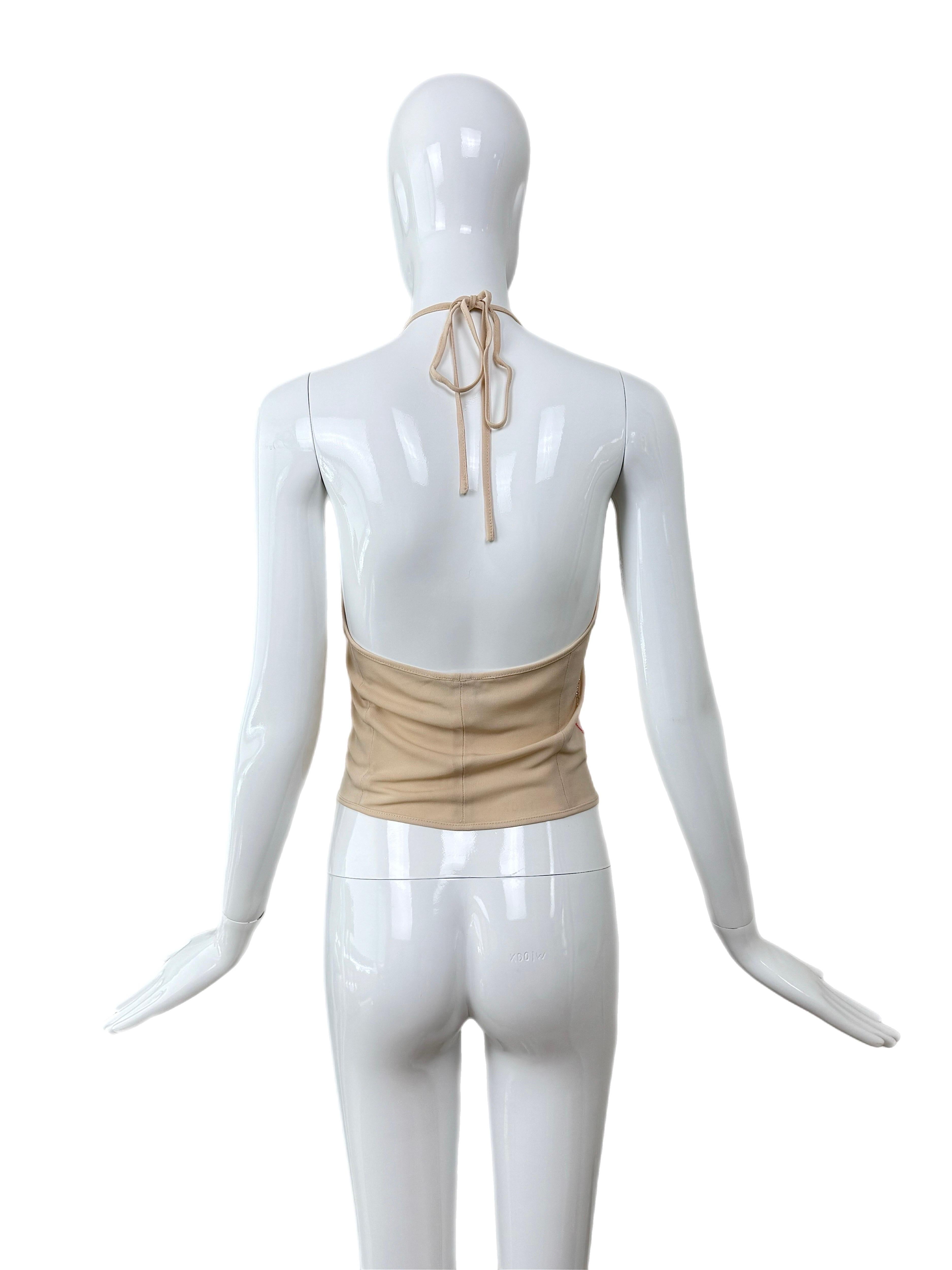 Beige HERVE LEGER 90's Vintage Embellished Backless Halter Top Bead Sequin For Sale