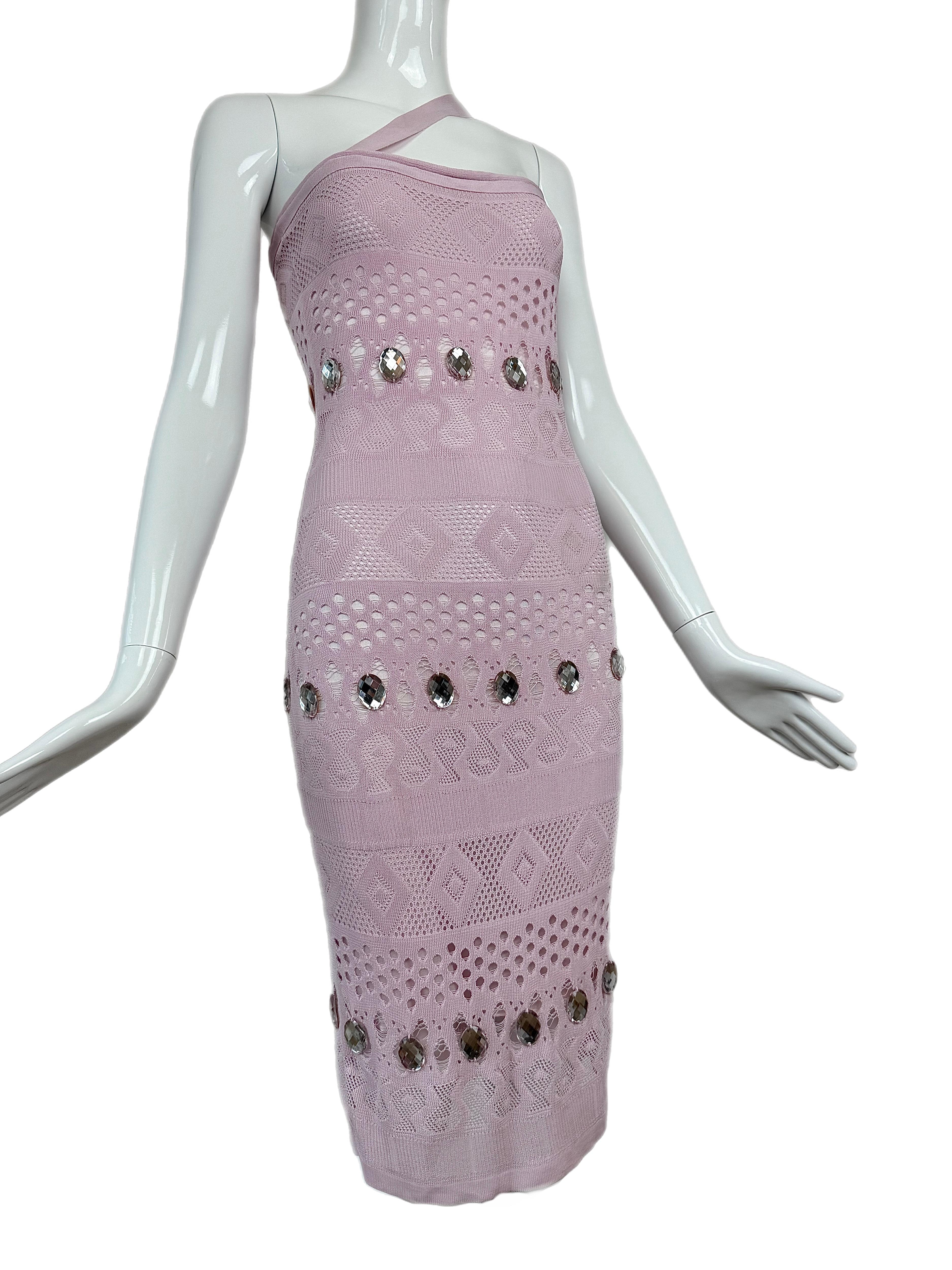 Gray HERVE LEGER 90's Vintage Pink + Crystal Midi Dress For Sale