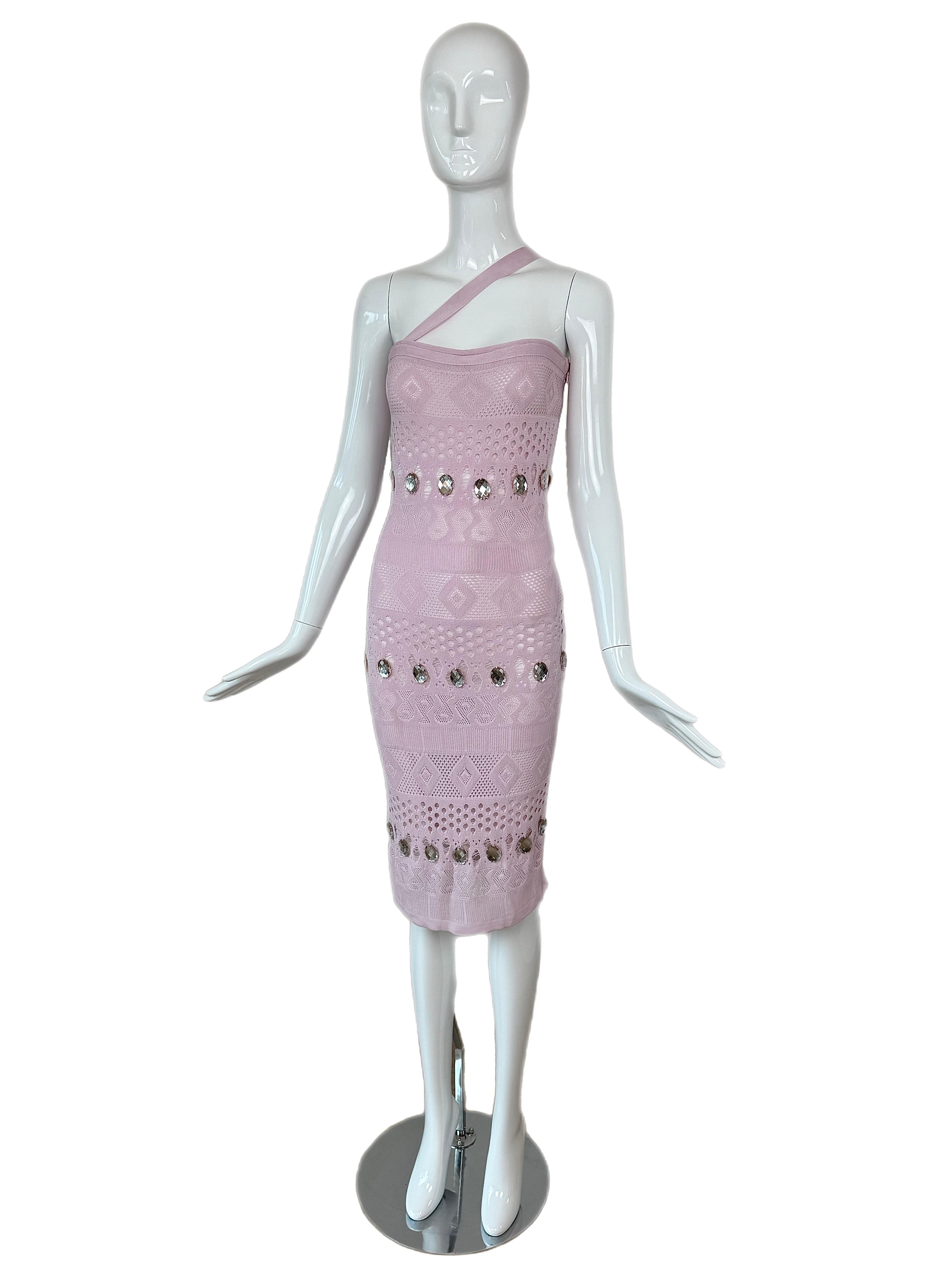 HERVE LEGER 90's Vintage Pink + Crystal Midi Dress In Excellent Condition For Sale In Leonardo, NJ