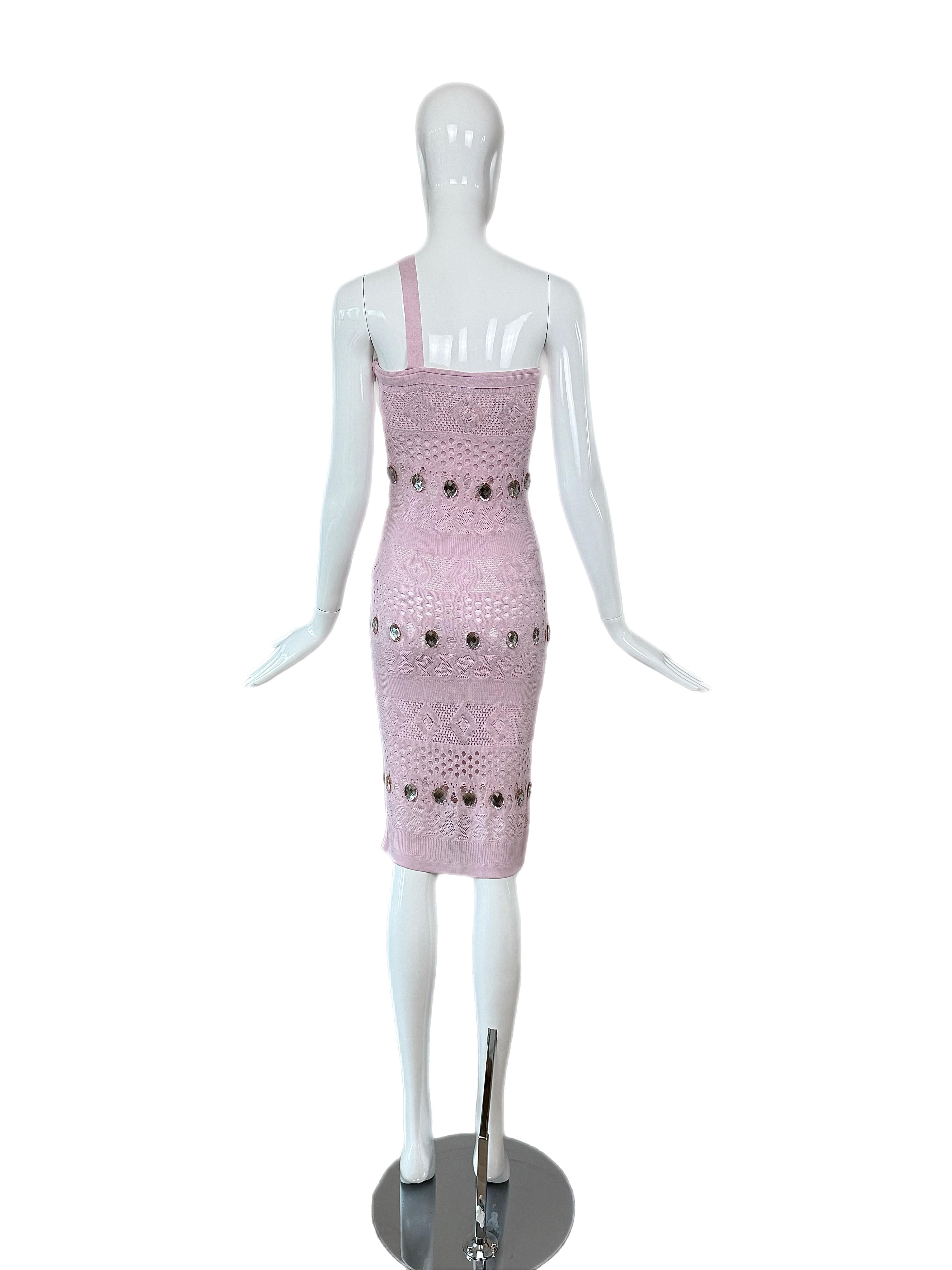Women's HERVE LEGER 90's Vintage Pink + Crystal Midi Dress For Sale