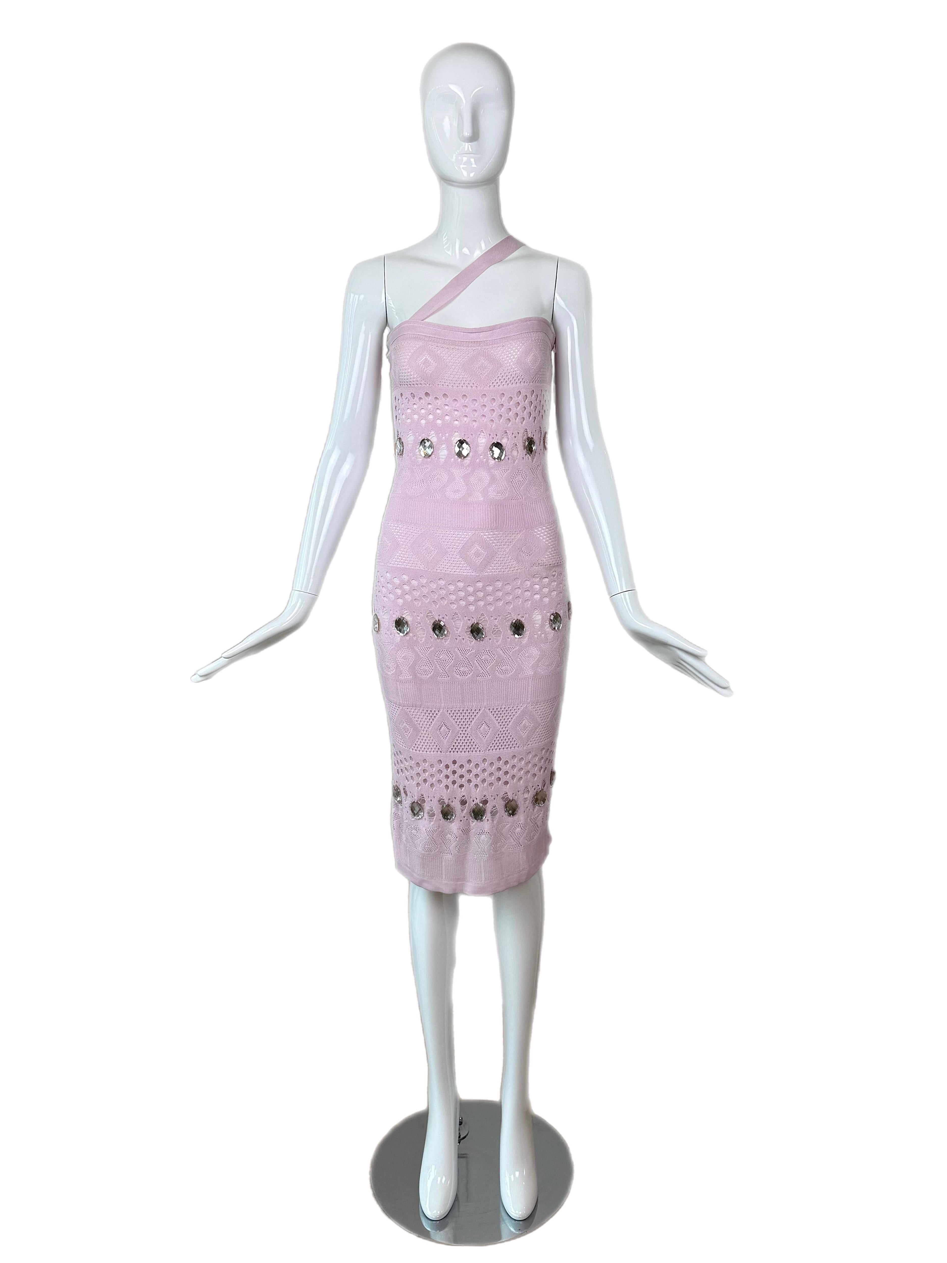 HERVE LEGER 90's Vintage Pink + Crystal Midi Dress For Sale 3