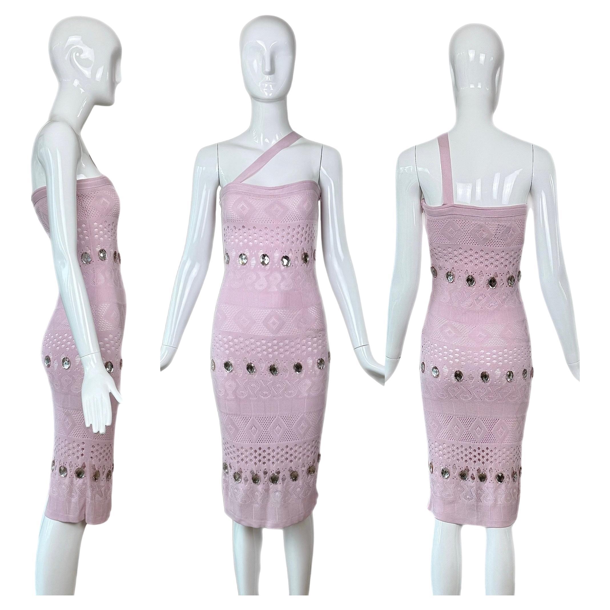 HERVE LEGER 90's Vintage Pink + Crystal Midi Dress For Sale
