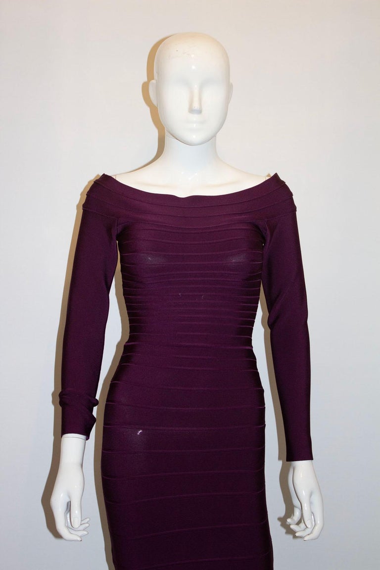 Herve Leger Aubergine Long Sleeve Dress For Sale at 1stDibs