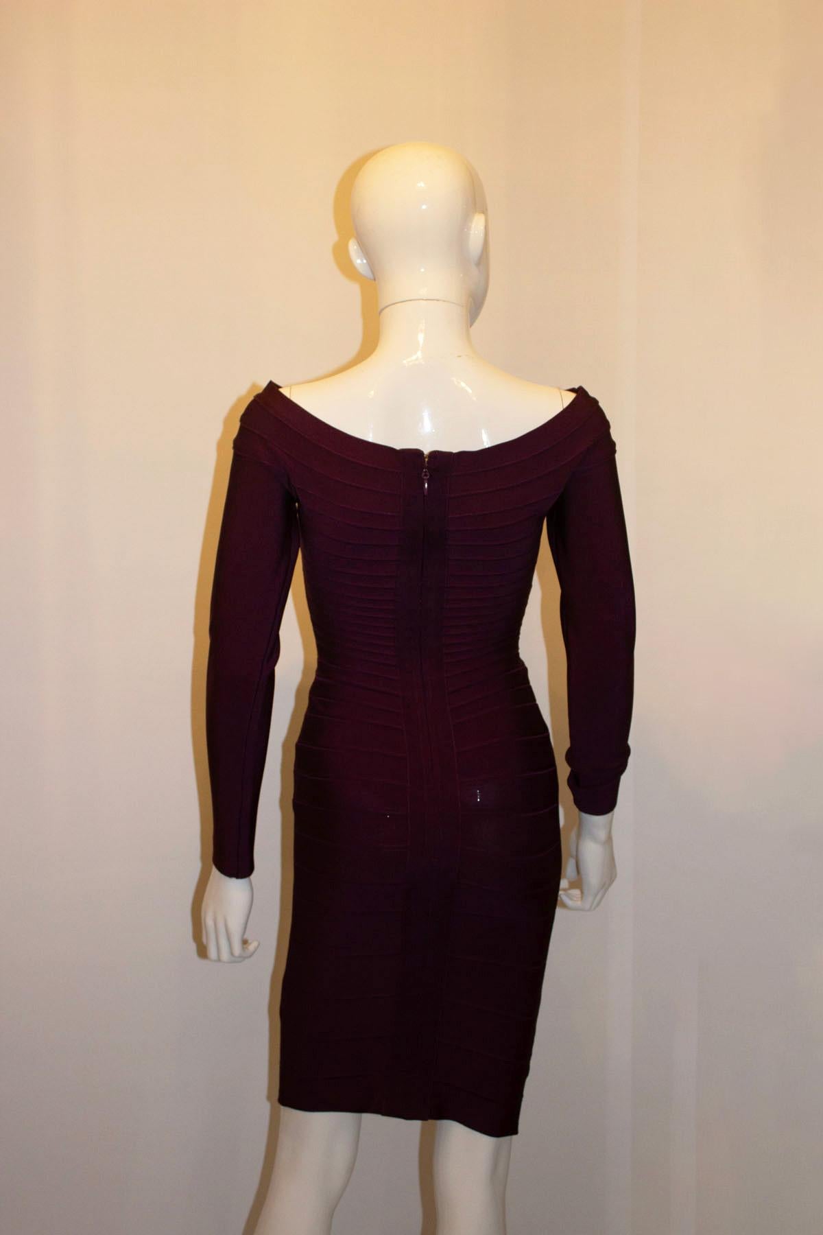 Herve Leger  Aubergine Long Sleeve Dress For Sale 3