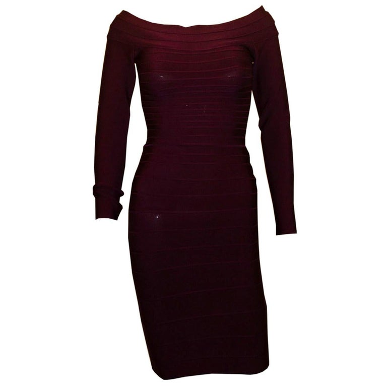 Herve Leger Abito a maniche lunghe color melanzana in vendita su