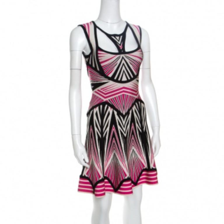 Gray Herve Leger Aztec Pattern Jacquard Knit Cutout Detail A Line Anaya Dress XXS For Sale