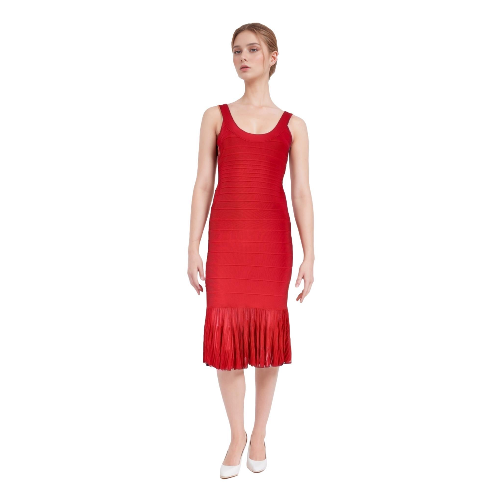 Herve Leger Bandage Dress

Lipstick red bodycon dress in signature bandage design.

Featuring scoop neckline, plisse hem and concealed zip closure to rear. Rrp £867

Size – S

Condition – Very Good

Composition – 90% Rayon, 9% Nylon, 1% Spandex
