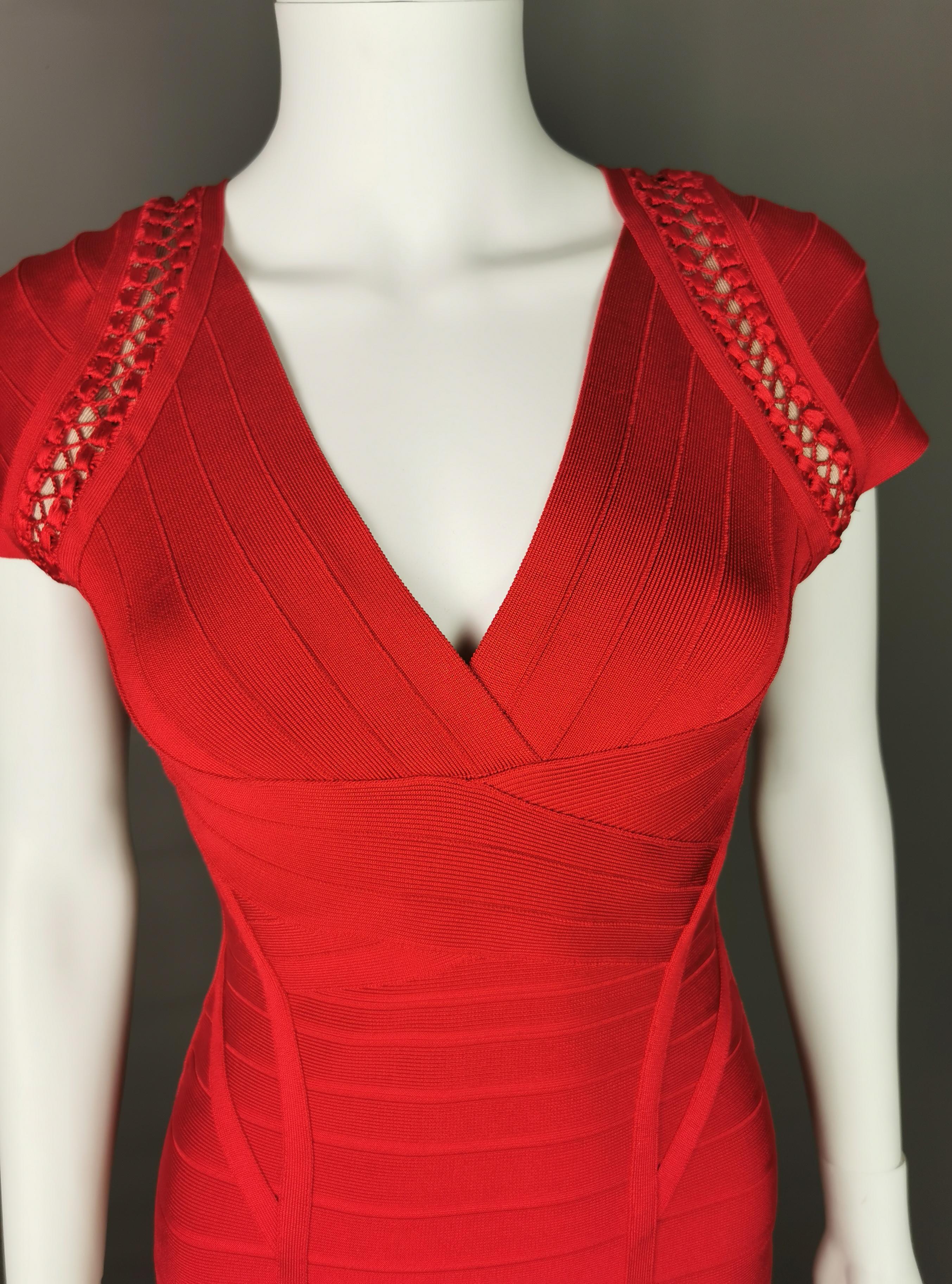 Red Herve leger bandage dress, lipstick red, Max Azria For Sale