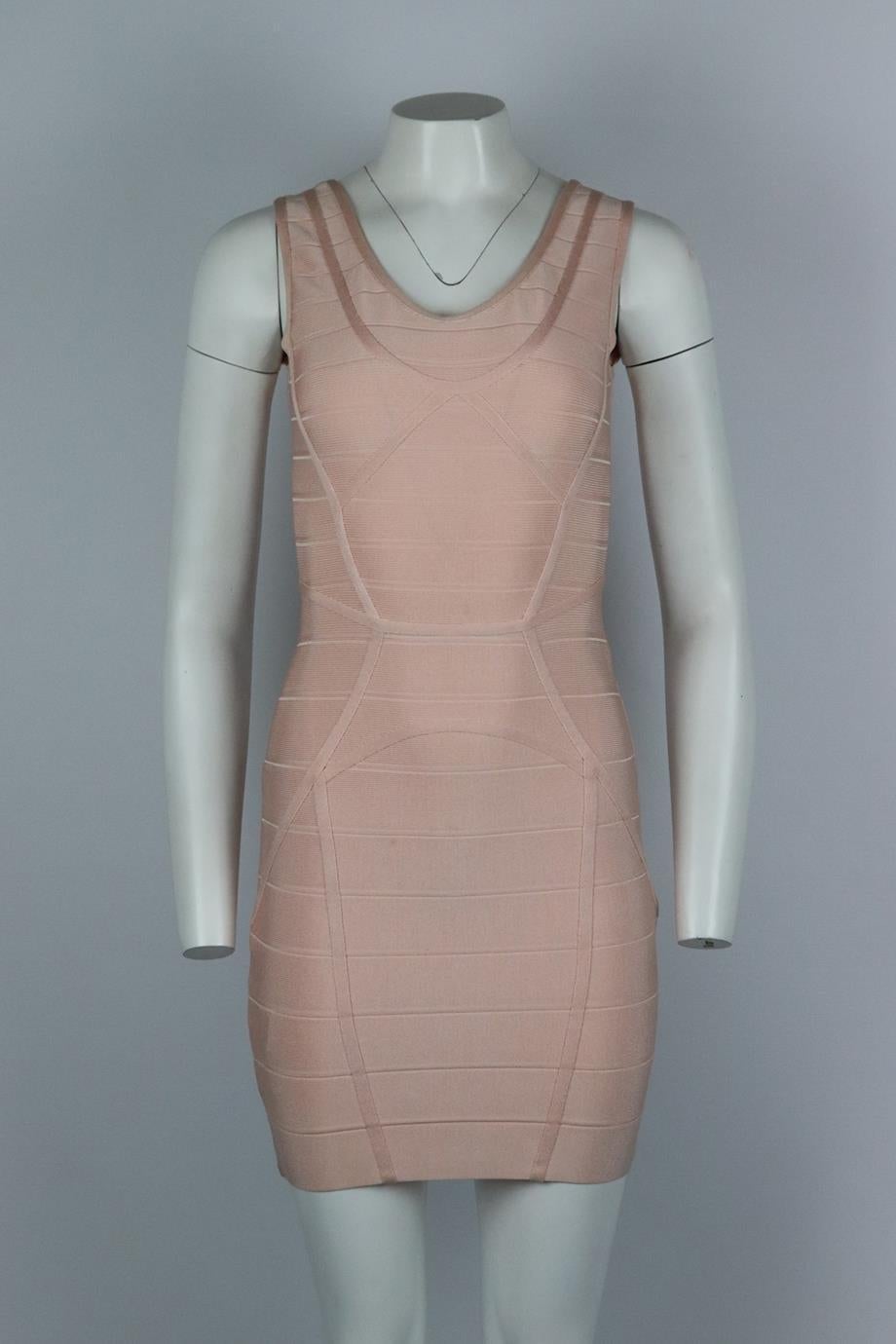 Herve Leger bandage mini dress. Pink. Sleeveless, scoop neck. Zip fastening at back. 90% Rayon, 9% nylon, 1% spandex. Size: Small (UK 8, US 4, FR 36, IT 40). Bust: 31.5 in. Waist: 23.5 in. Hips: 30.4 in. Length: 33 in. Fair condition - Some marks