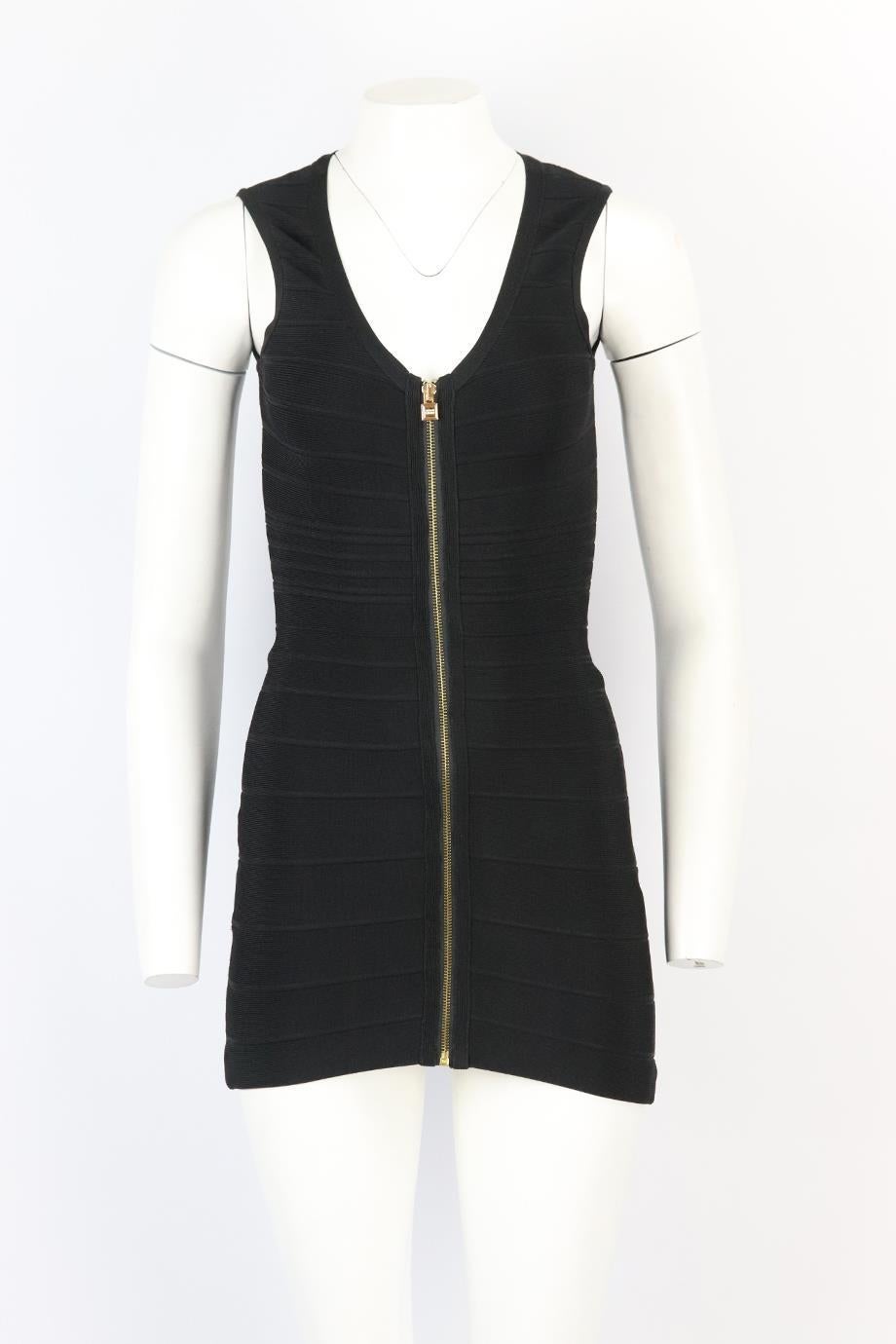 Herve Leger bandage mini dress. Black. Sleeveless, v-neck. Zip fastening at front. Size: XSmall (UK 6, US 2, FR 34, IT 38). Bust: 30 in. Waist: 21 in. Hips: 30 in. Length: 30 in. Very good condition - Composition label cut out for comfort. Light