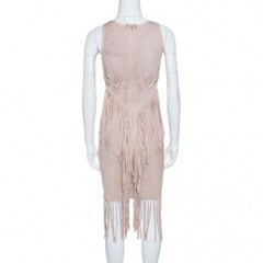 Herve Leger Beige Fringed Sleeveless Bandage Dress S