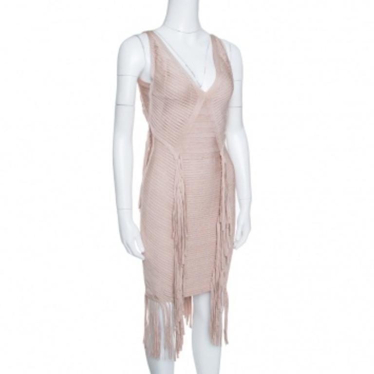 Beige Herve Leger Vestito a fascia senza maniche con frange beige S in vendita