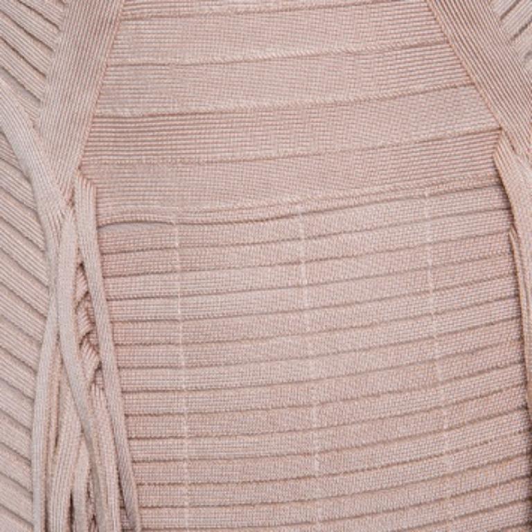 Herve Leger Vestito a fascia senza maniche con frange beige S In condizioni buone in vendita a Dubai, Al Qouz 2