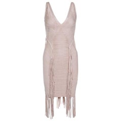 Herve Leger Beige Fringed Sleeveless Bandage Dress S