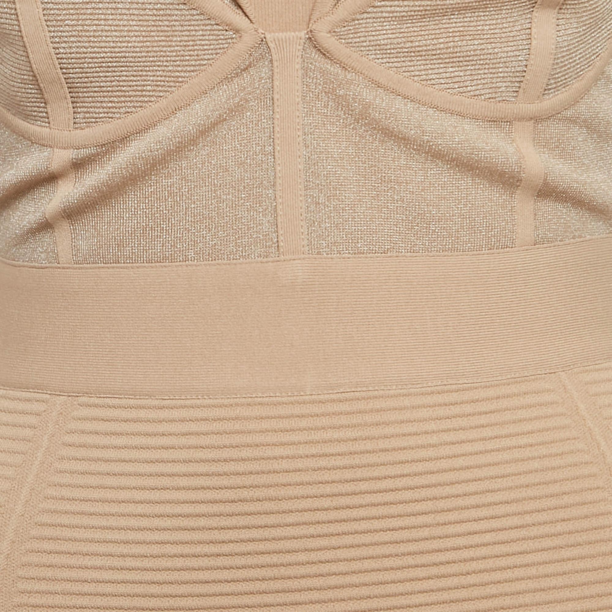 Herve Leger Beige Patterned Jersey Corset Midi Dress S In Excellent Condition In Dubai, Al Qouz 2