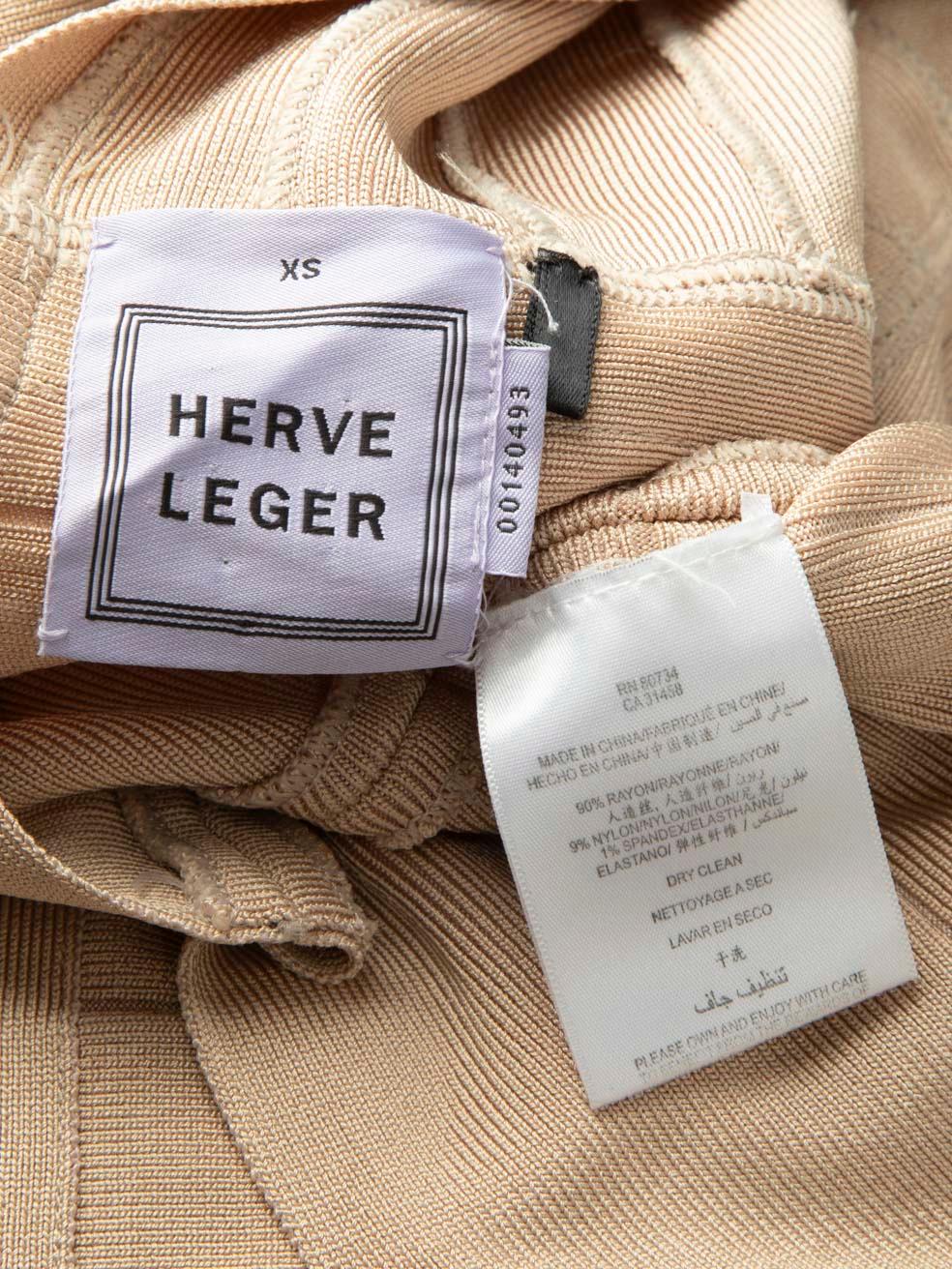 Herve Leger Beige Plunge Neck Bodycon Dress Size XS For Sale 3