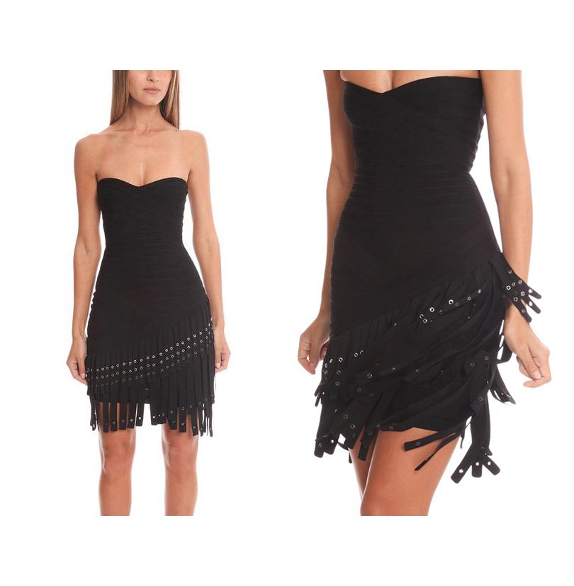 Herve Leger „Belina“ Schwarzes asymmetrisches Bandage-Kleid mit Fransen und Ösen, trägerlos, neu mit Etikett im Angebot 7