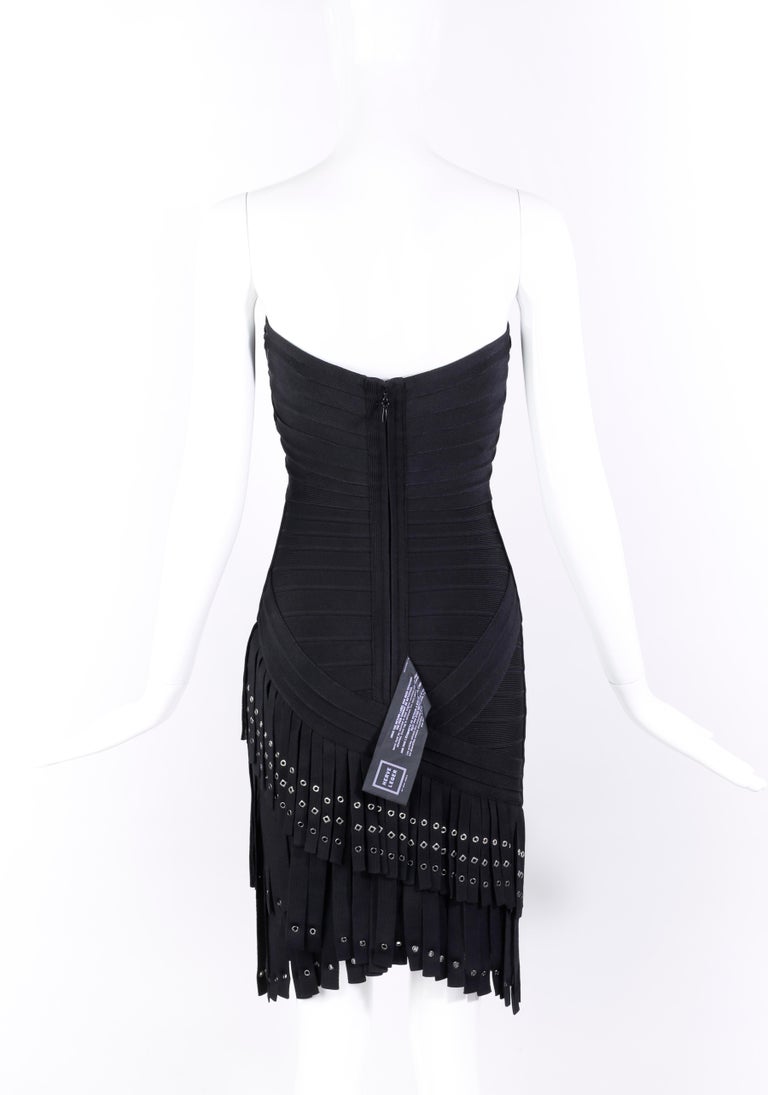 Herve Leger belina Black Asymmetric Fringe Eyelet Strapless Bandage Dress Nwt