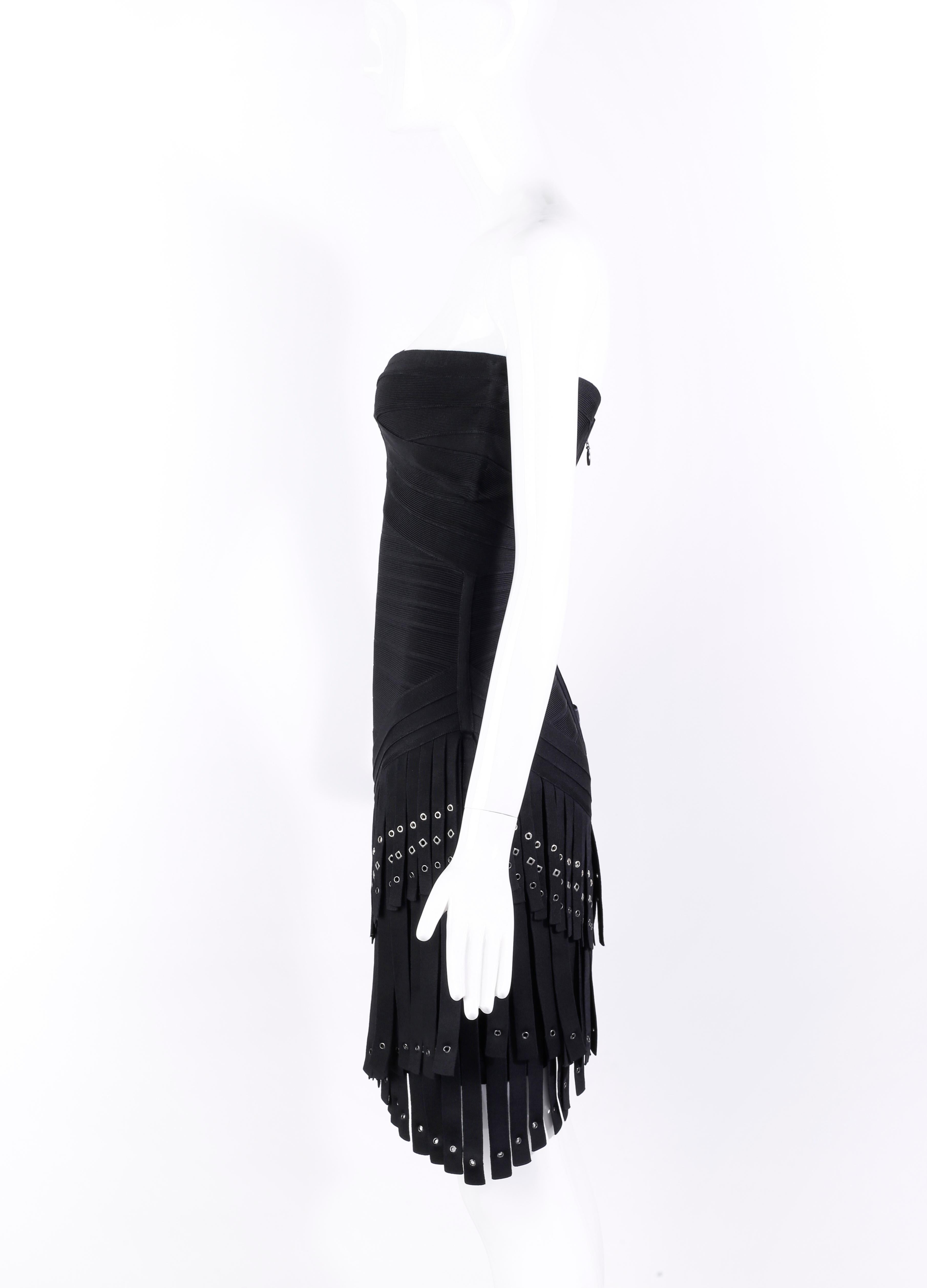 Hervé Léger - Robe bandage asymétrique noire à franges et œillets « Belina », état neuf avec étiquettes en vente 1