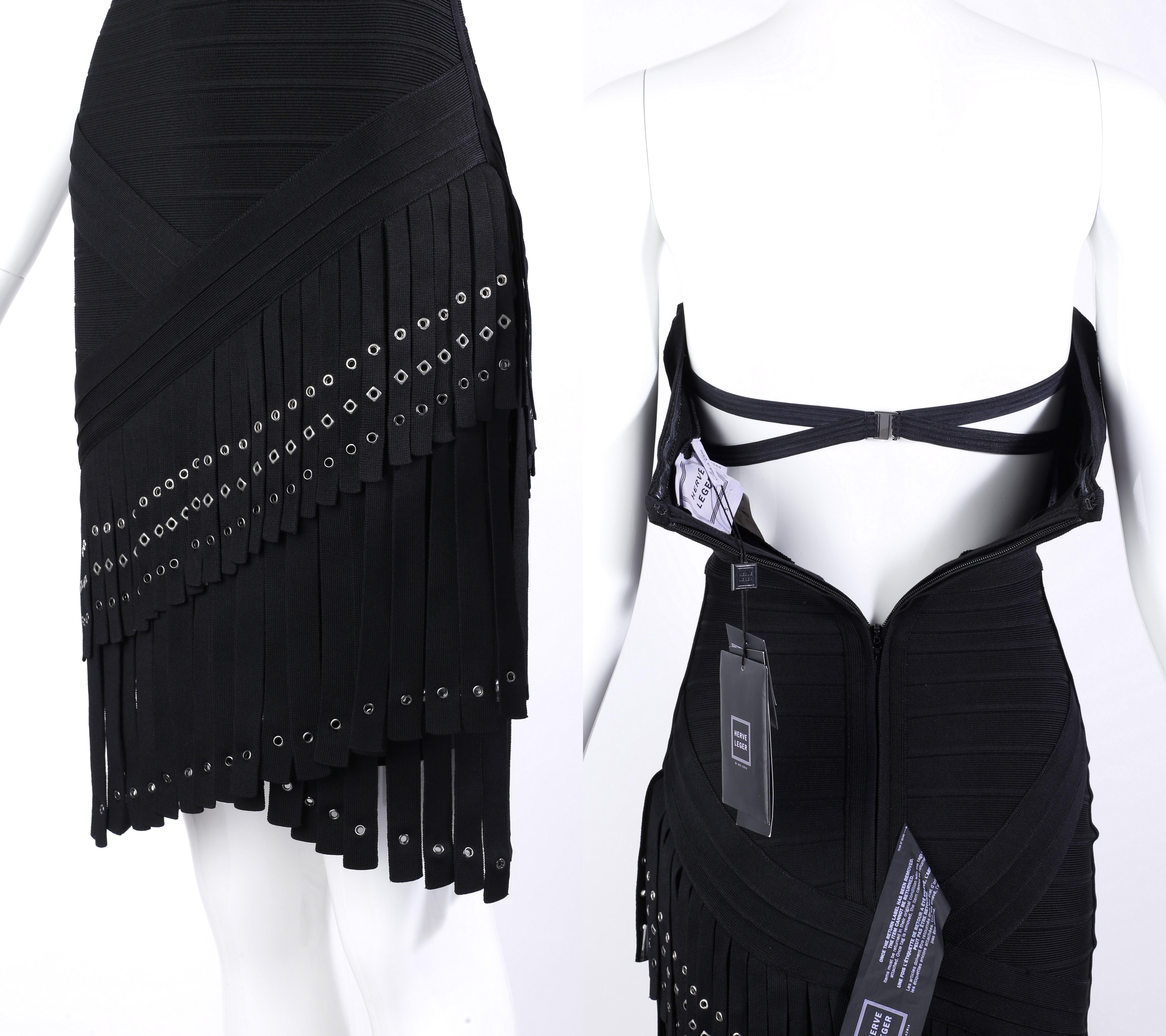 Herve Leger „Belina“ Schwarzes asymmetrisches Bandage-Kleid mit Fransen und Ösen, trägerlos, neu mit Etikett im Angebot 3