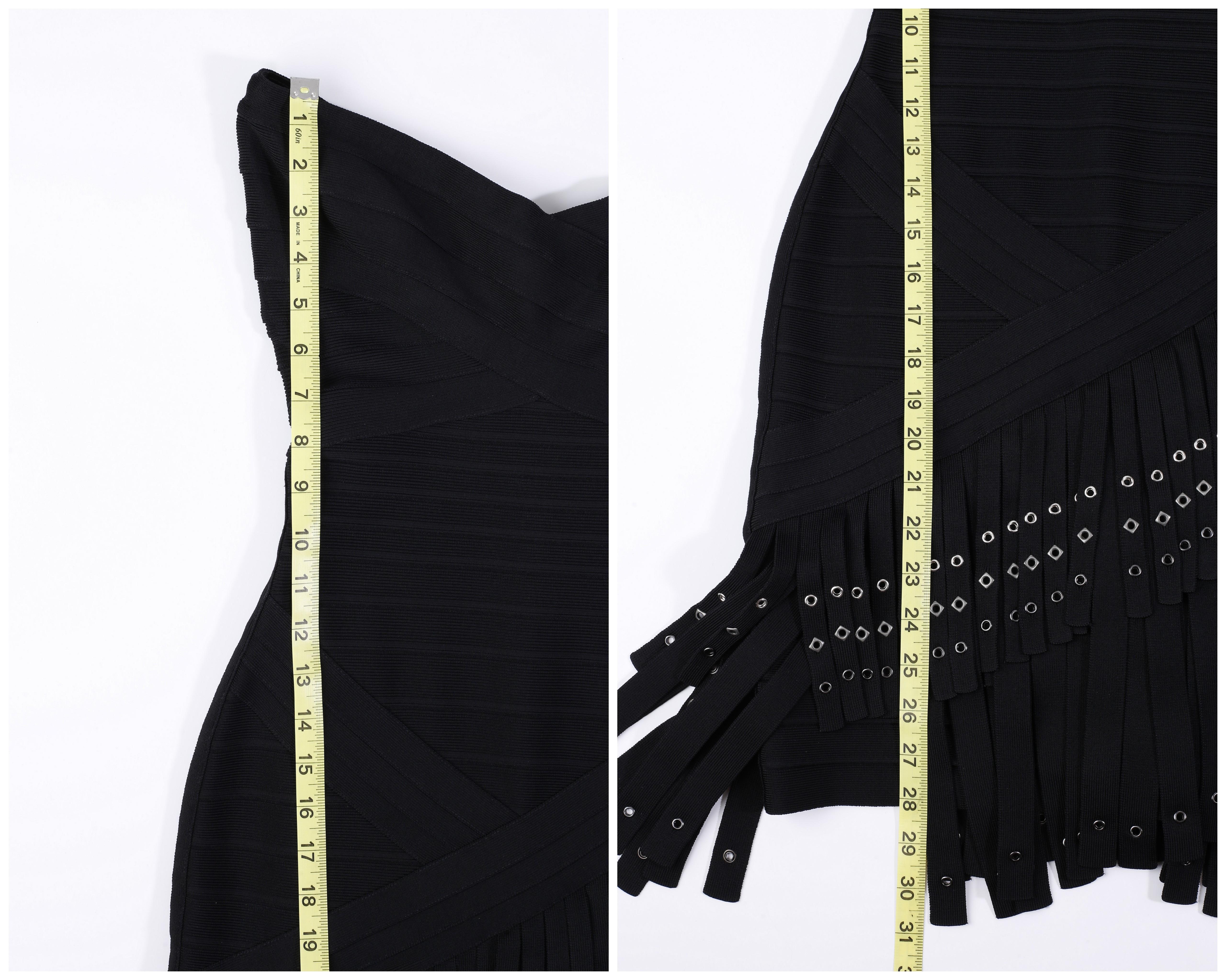 Herve Leger „Belina“ Schwarzes asymmetrisches Bandage-Kleid mit Fransen und Ösen, trägerlos, neu mit Etikett im Angebot 4