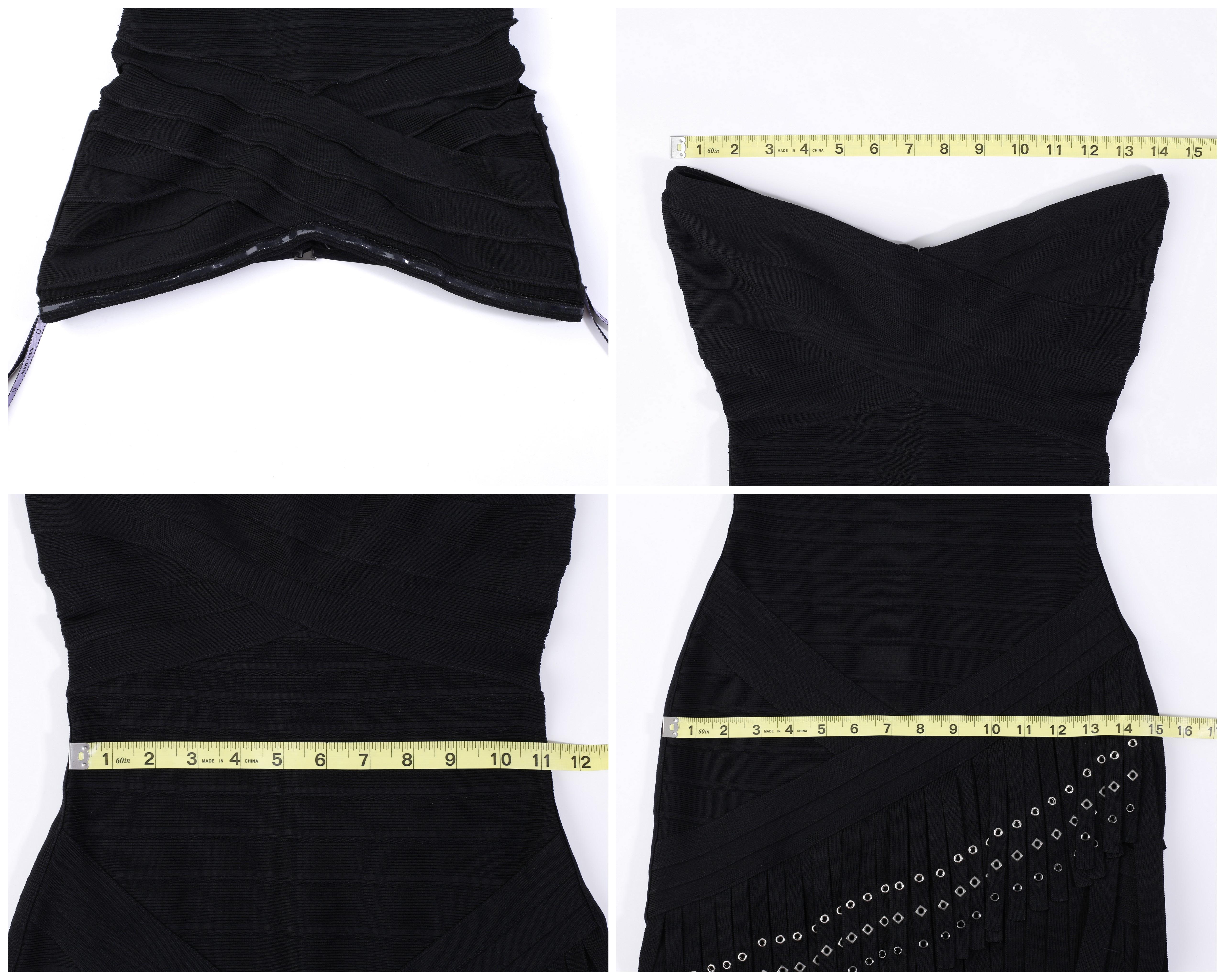 Herve Leger „Belina“ Schwarzes asymmetrisches Bandage-Kleid mit Fransen und Ösen, trägerlos, neu mit Etikett im Angebot 5