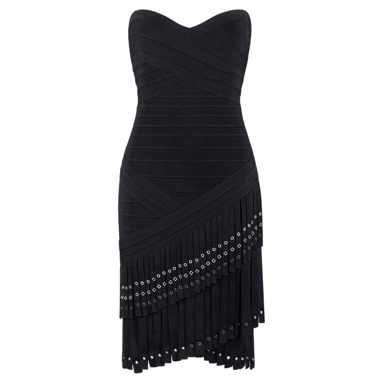Herve Leger belina Black Asymmetric Fringe Eyelet Strapless Bandage Dress Nwt