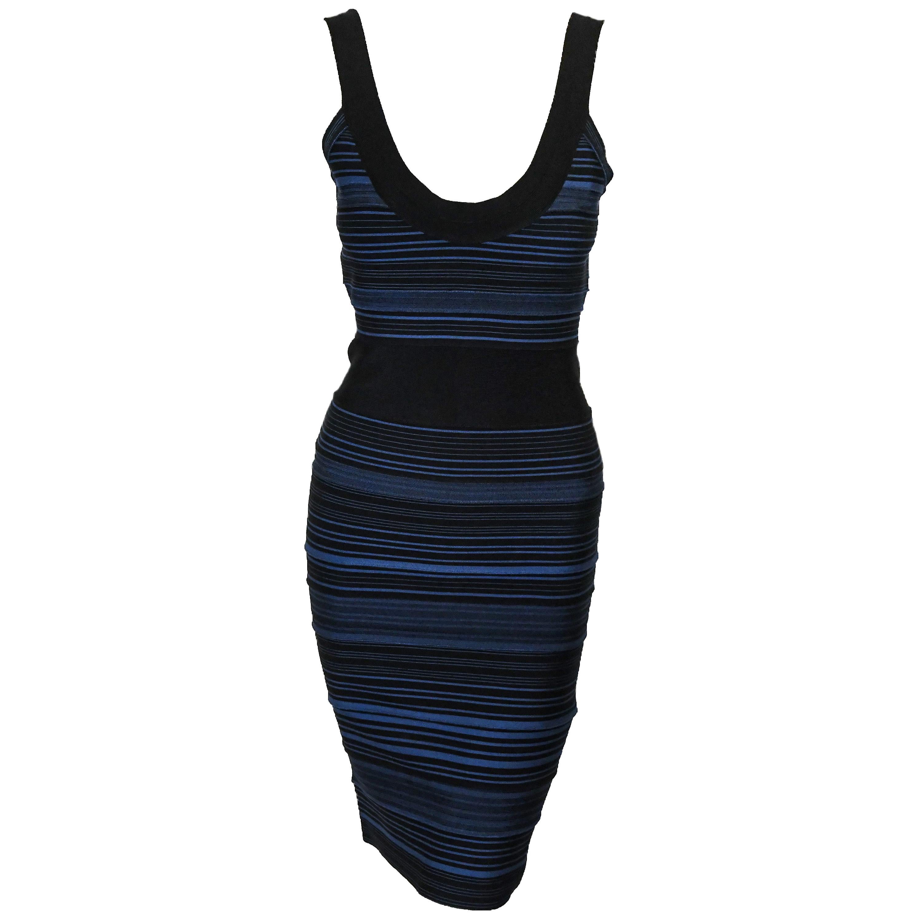 Herve Leger Black and Blue Bandage Striped Dress  For Sale