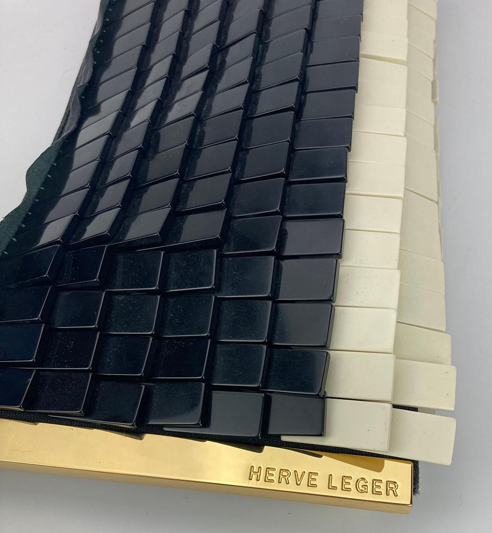 Herve Leger Black and White Acrylic Chip Fringe Clutch In Excellent Condition For Sale In Philadelphia, PA