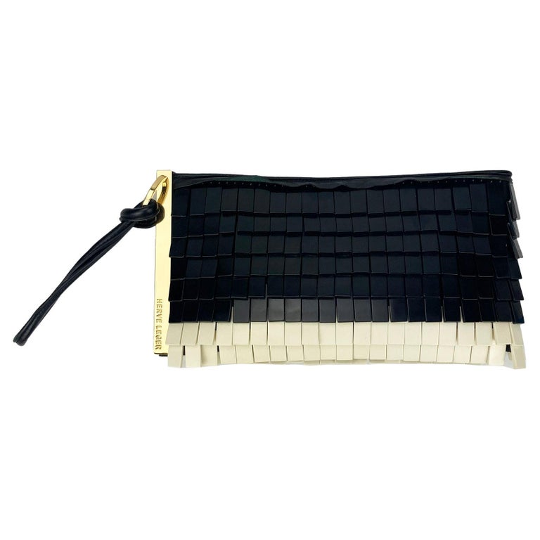 Herve Leger Black and White Acrylic Chip Fringe Clutch For Sale at 1stDibs