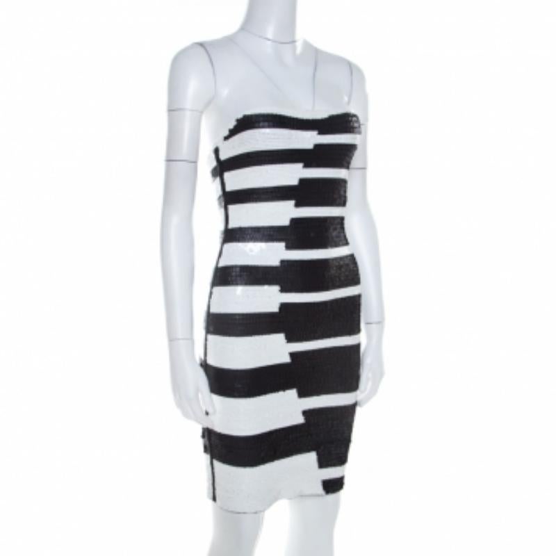 Hervé Leger Vestito da cocktail senza spalline con paillettes bianche e nere XS in vendita 1
