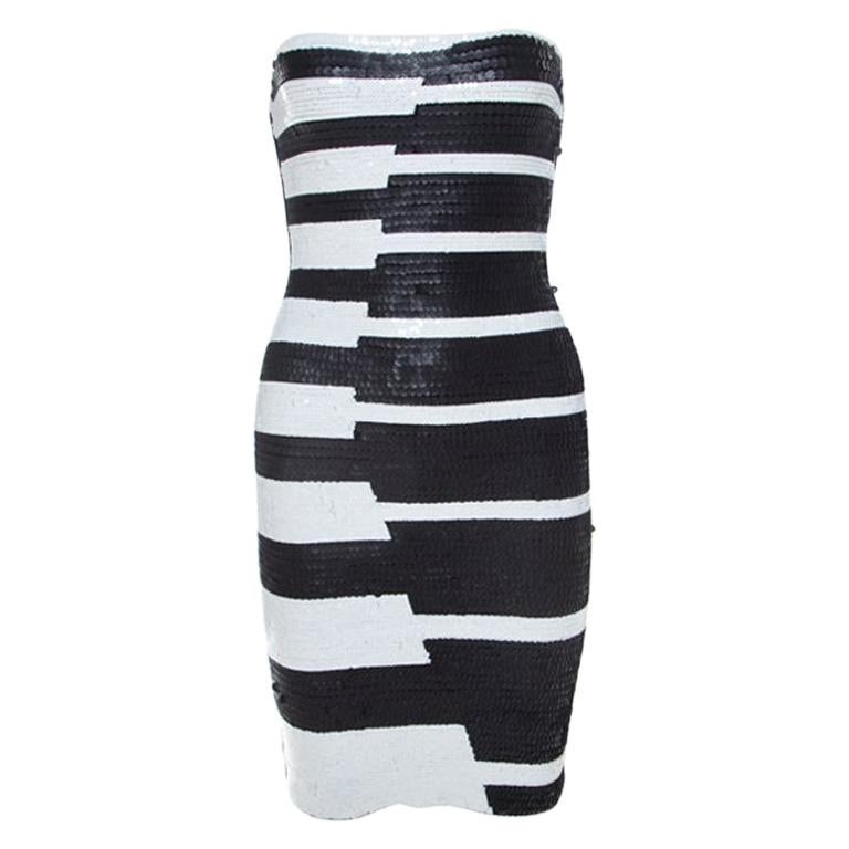 Hervé Leger Black and White Sequined Piano Strapless Cocktail Dress XS ...