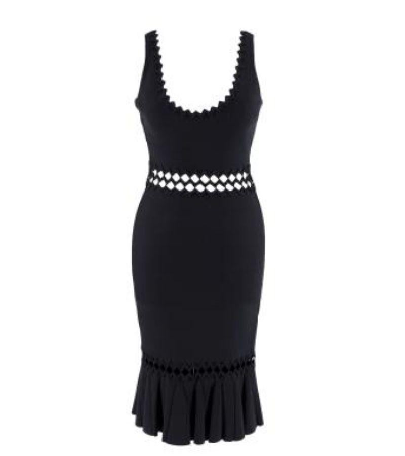 Herve Leger Black Stretch-Knit Cut-Out Waist Dress

- Form-fitting, stretch-knit dress
- Scoop neck, sleeveless with scallop trim
- Cut-out waistline featuring a scalloped panel
- Fluted hemline with coordinating scalloped cut-out

Material: 
90%
