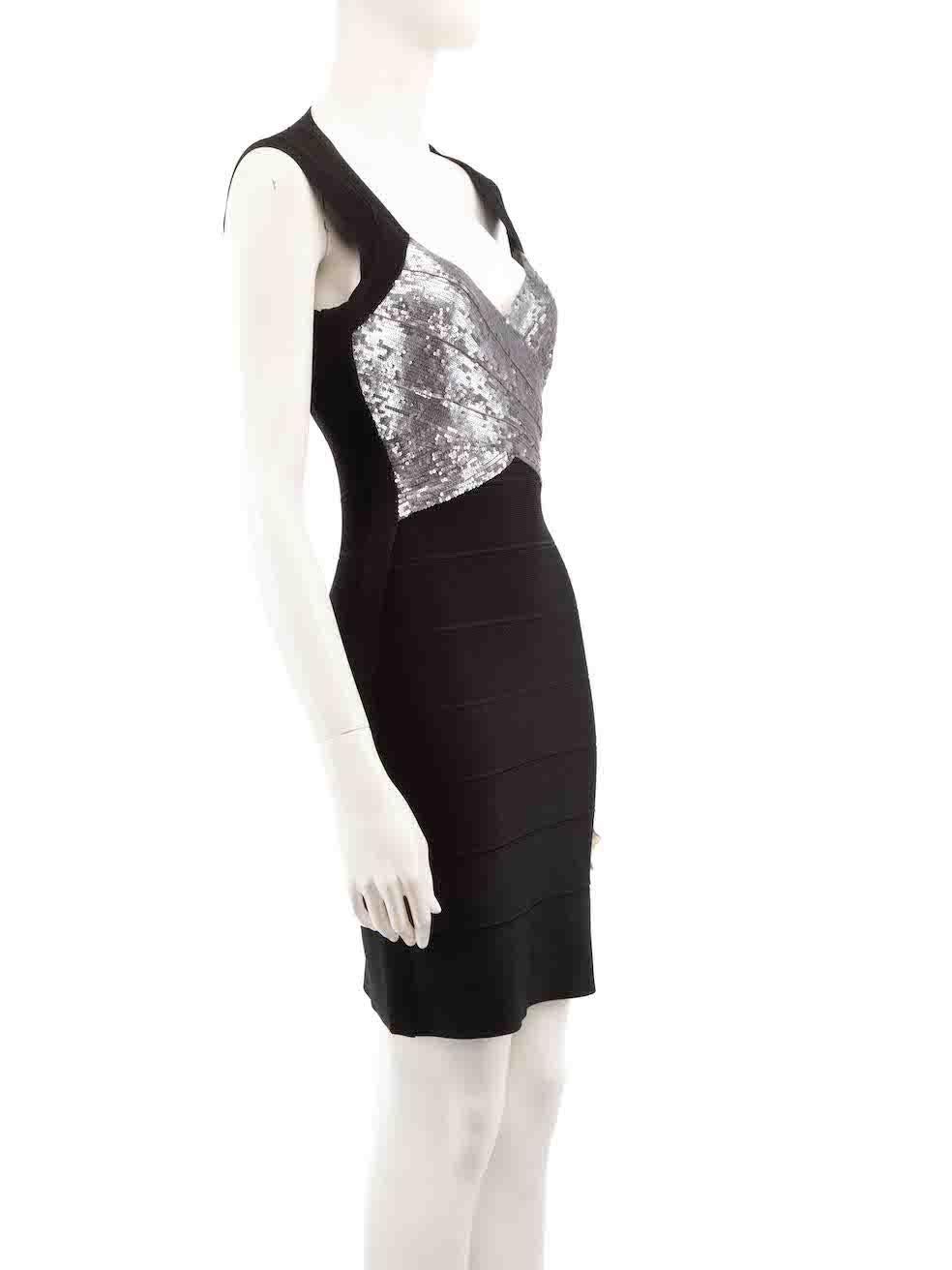 CONDITION is Good. General wear to dress is evident. Moderate signs of wear to the front with pilling and there are missing sequins to the embellishment on this used Herve Leger designer resale item.
 
 
 
 Details
 
 
 Black
 
 Rayon
 
 Bodycon