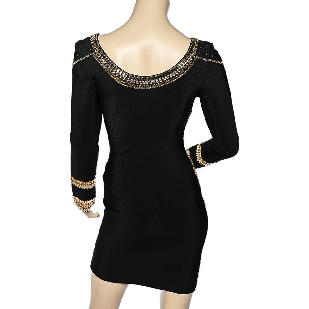 Herve Leger Black Embellished Stretch Knit Long Sleeve Mini Dress M In Good Condition In Dubai, Al Qouz 2