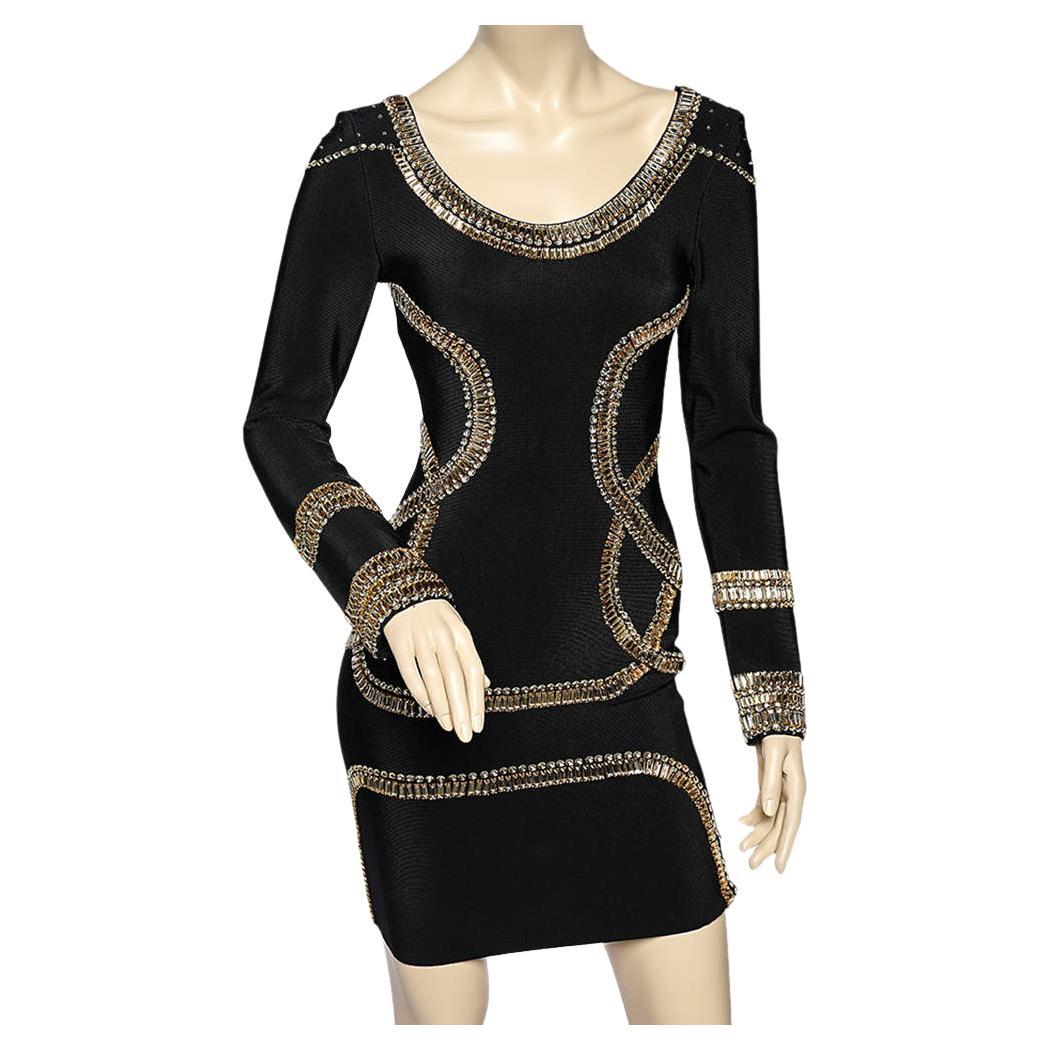 Herve Leger Black Embellished Stretch Knit Long Sleeve Mini Dress M