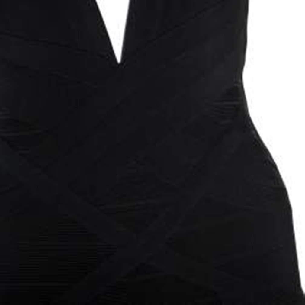 Herve Leger Black Fringed Halterneck Rebekah Bandaged Gown XS In Excellent Condition In Dubai, Al Qouz 2