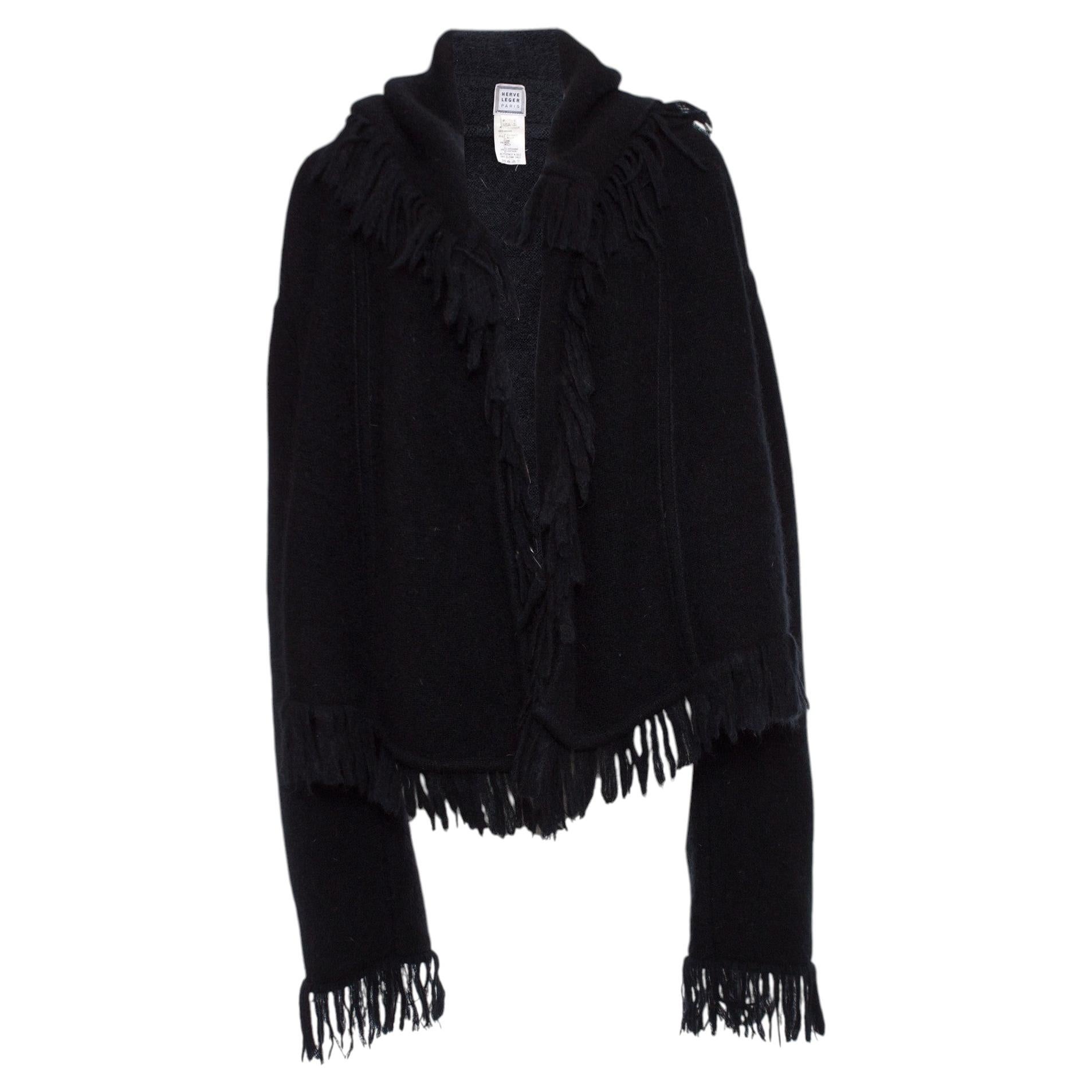 Herve Leger, Black fringed hooded mohair cardigan