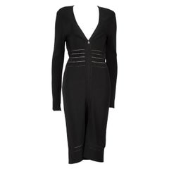 Used Herve Leger Black Front Zip Midi Knit Dress Size M