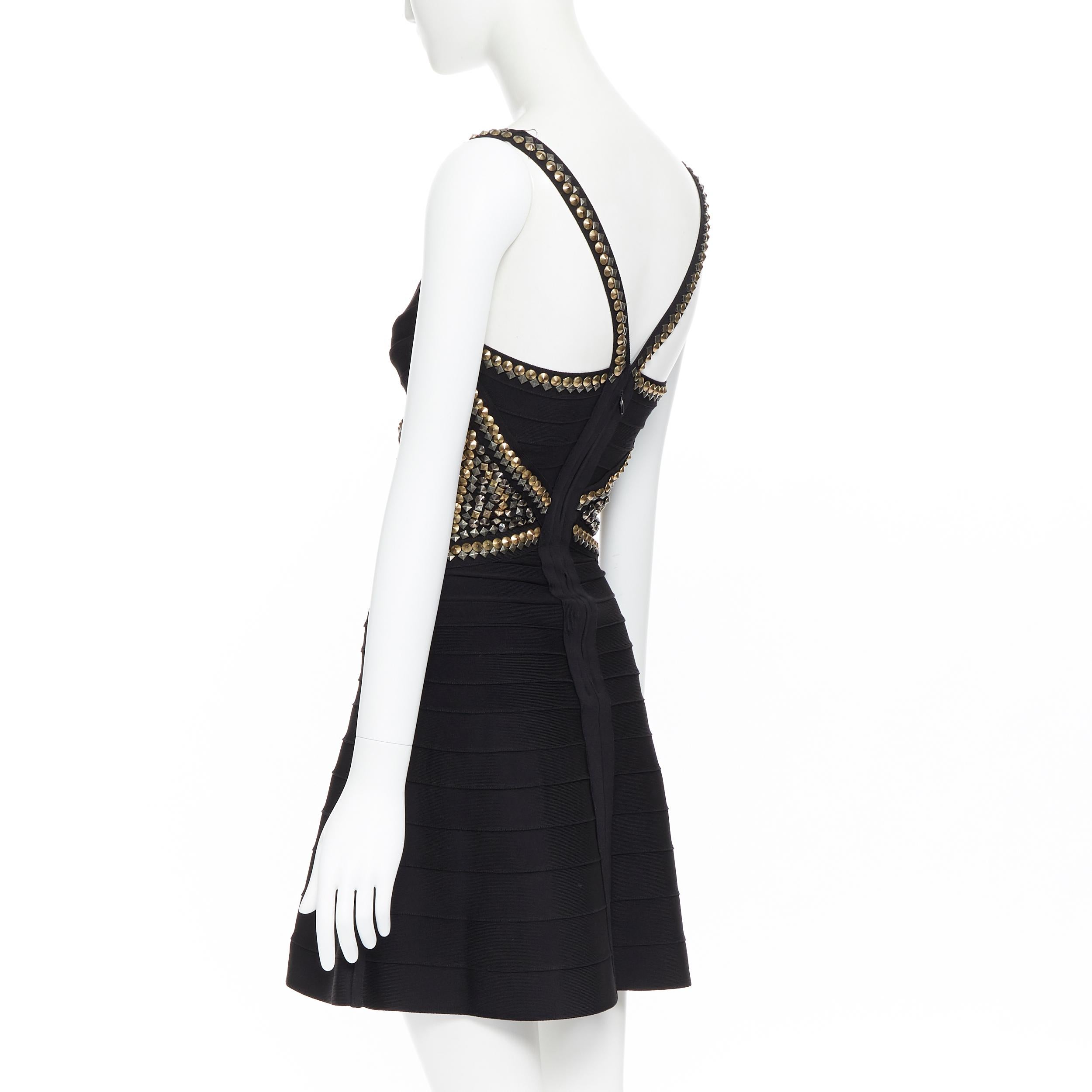 HERVE LEGER black gold silver spike stud plunge neck fit flare bandage dress XS In Excellent Condition In Hong Kong, NT