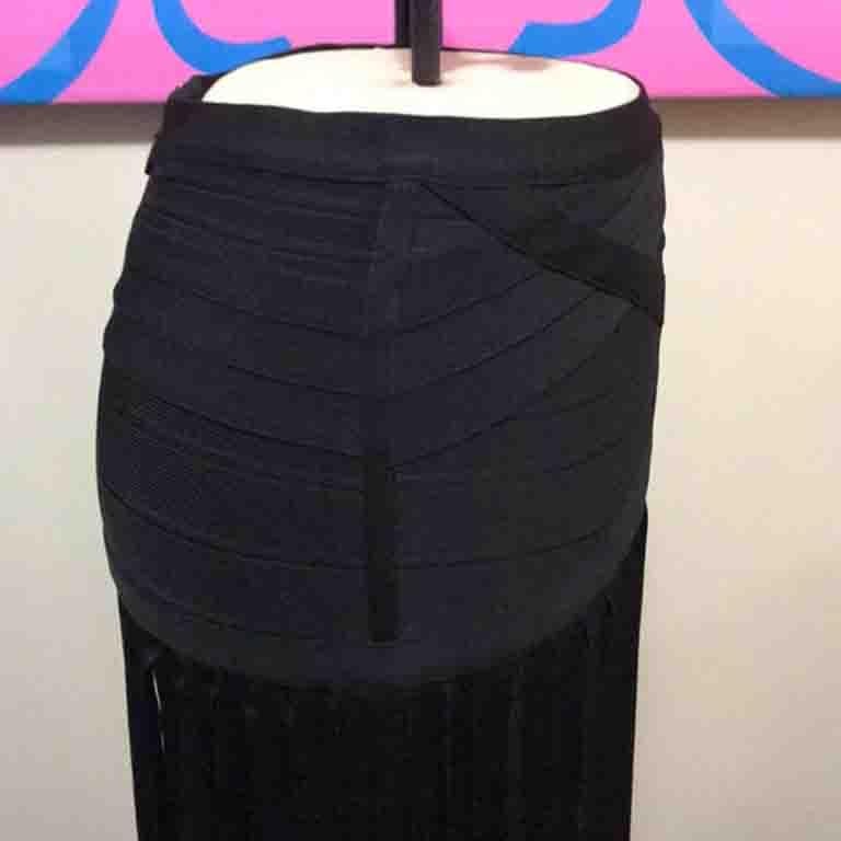 Herve Leger Black Knit Fringe Skirt Maxi In Excellent Condition For Sale In Los Angeles, CA