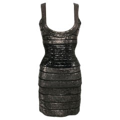 Hervé Léger Schwarzes mit Pailletten besticktes Netzkleid