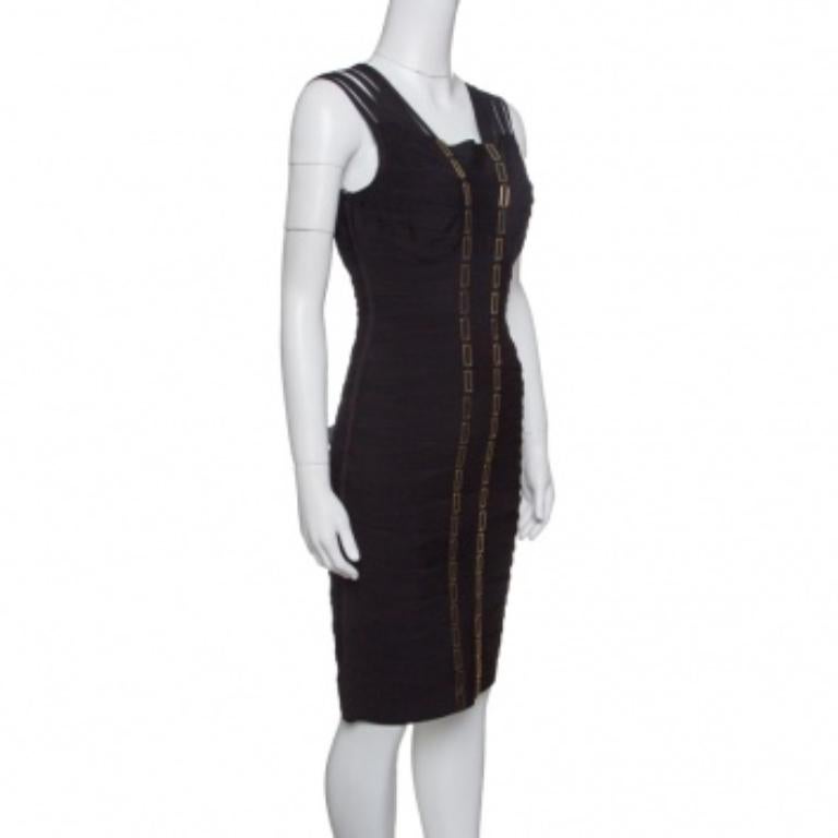 Herve Leger Negro Detalle Cadena Metal Link Vendaje Vestido Gemma M en Bueno estado para la venta en Dubai, Al Qouz 2