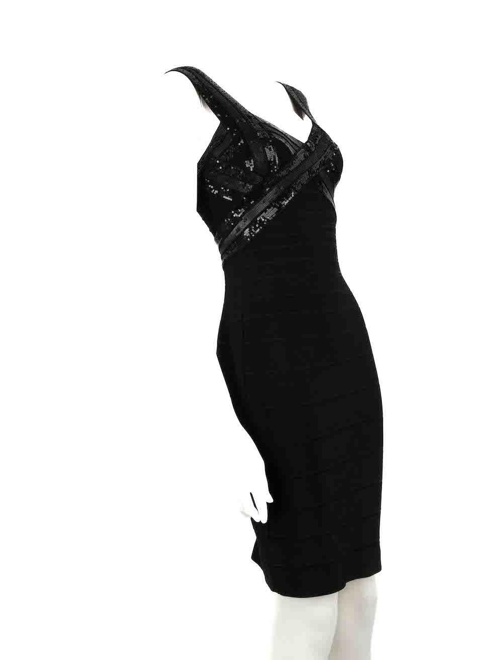 CONDITION is Very good. Hardly any visible wear to dress is evident on this used Herve Leger designer resale item.
 
 
 
 Details
 
 
 Black
 
 Rayon
 
 Dress
 
 Bodycon
 
 Mini
 
 V-neck
 
 Sequinned top
 
 Stretchy
 
 
 
 
 
 Made in China
 
 
 
