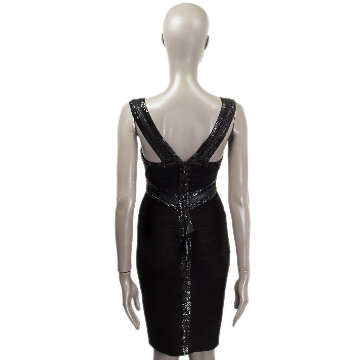 HERVE LEGER - Robe moulante sans manches « CRISS CROSS » en sequins noirs S Pour femmes en vente