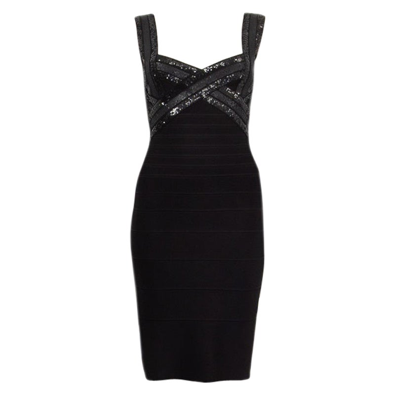 HERVE LEGER - Robe moulante sans manches « CRISS CROSS » en sequins noirs S en vente