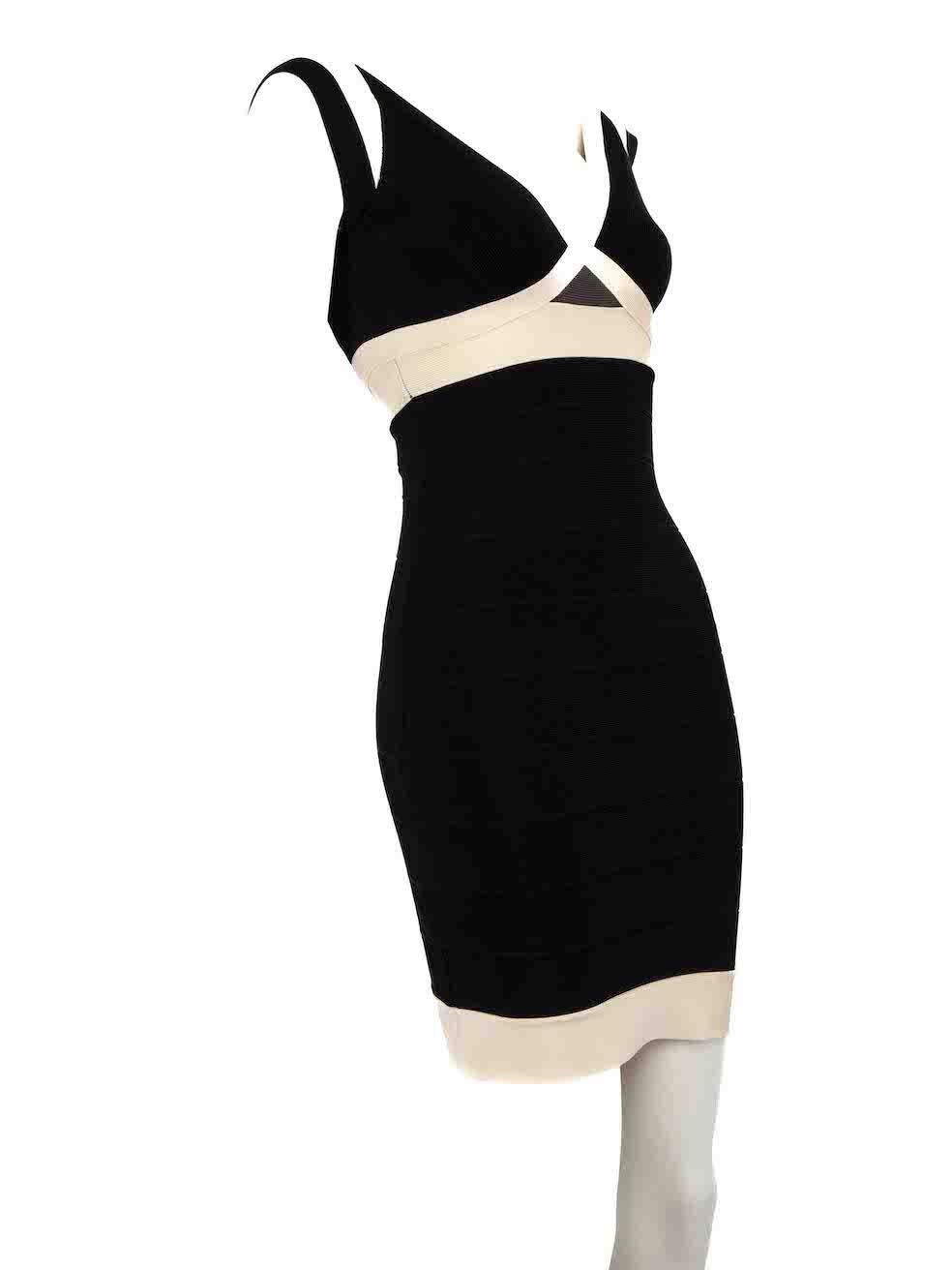 CONDITION is Never worn, with tags. No visible wear to dress is evident on this new Herve Leger designer resale item.
 
 
 
 Details
 
 
 Black
 
 Rayon
 
 Dress
 
 Bodycon
 
 Sleeveless
 
 Mini
 
 V-neck
 
 White trim
 
 Back zip and hook